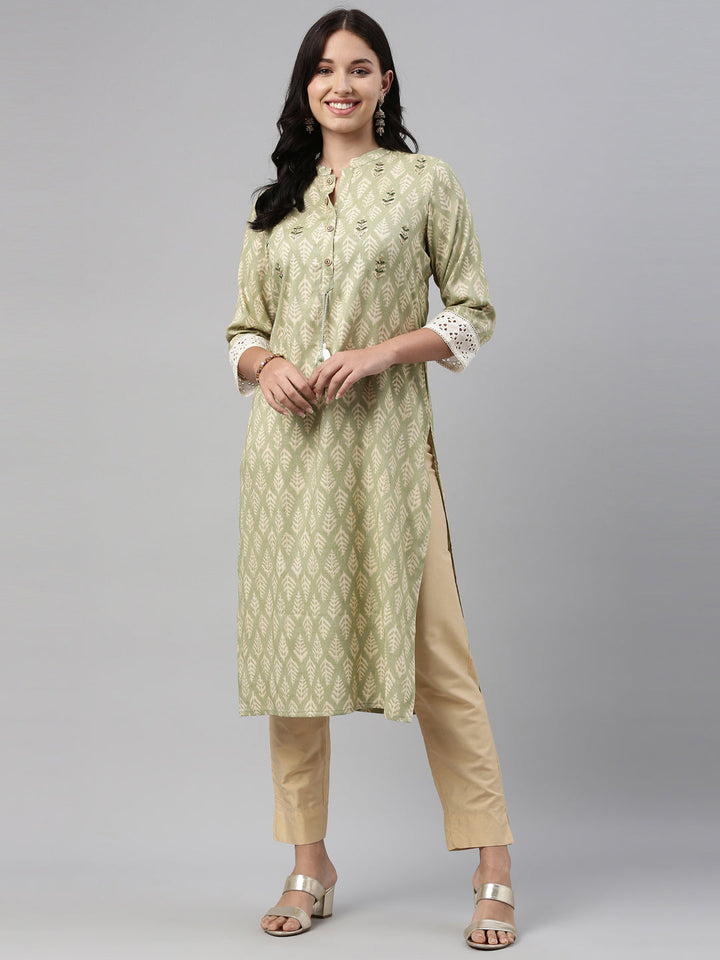 Neerus Green rayon printed kurti - front view