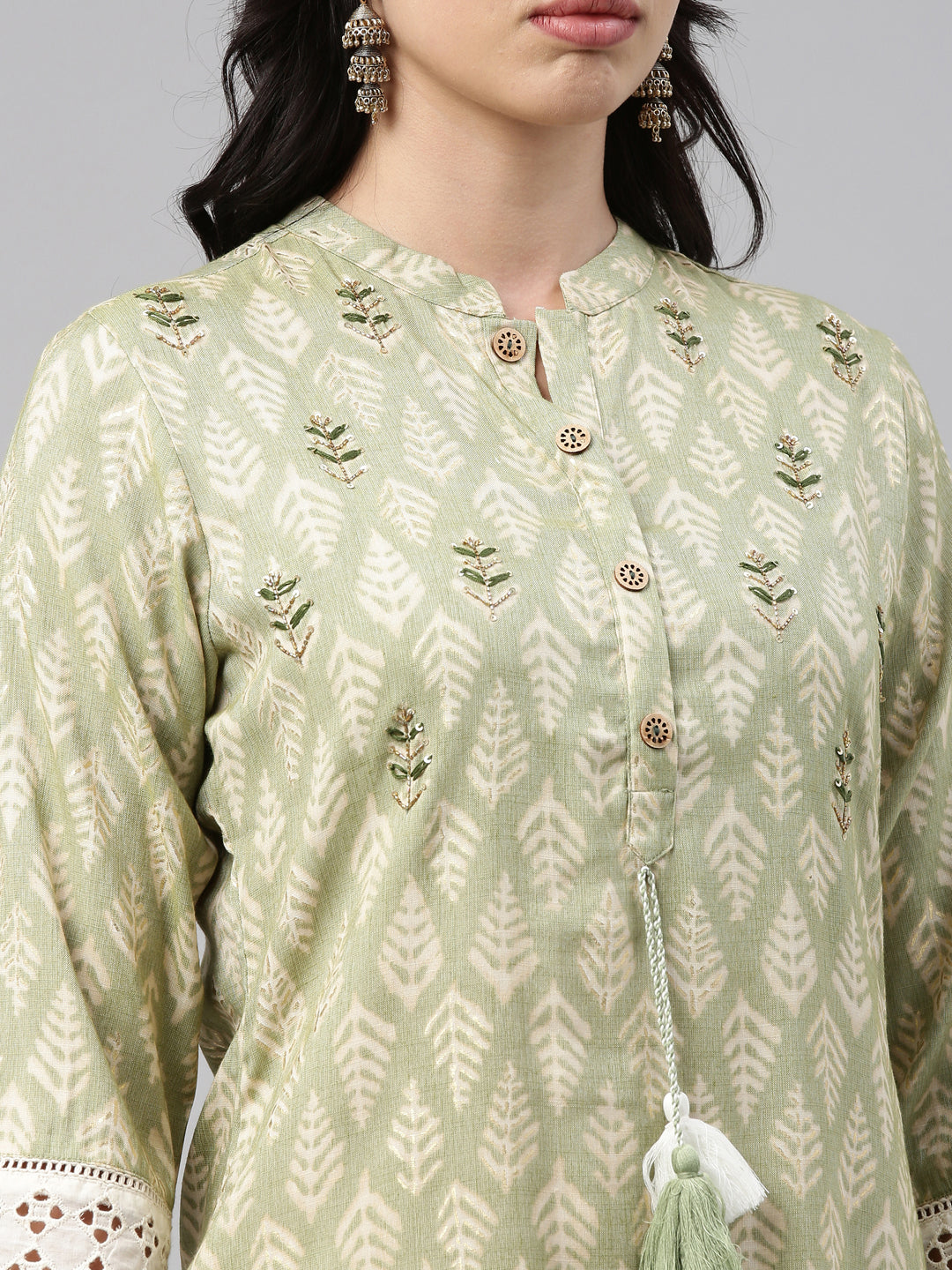 Neerus Green rayon printed kurti - detail view 3