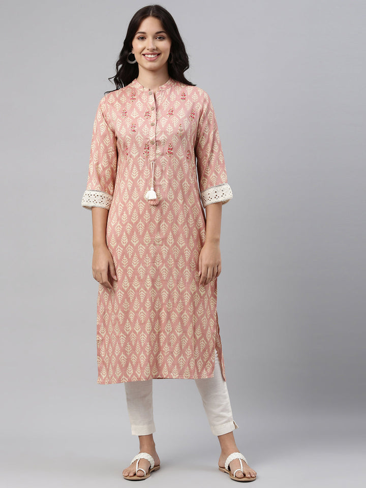 Neerus Pink rayon straight kurti - detail view 4
