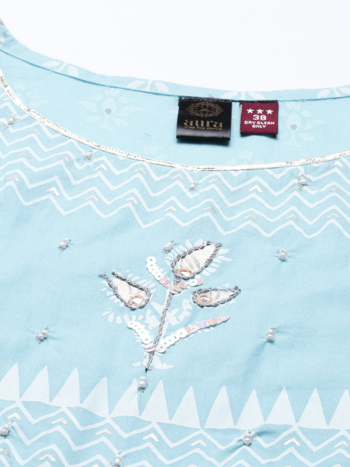 Neerus Blue cotton solid kurti tunic - detail view 5