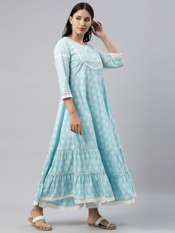 Neerus Blue cotton solid kurti tunic - detail view 1