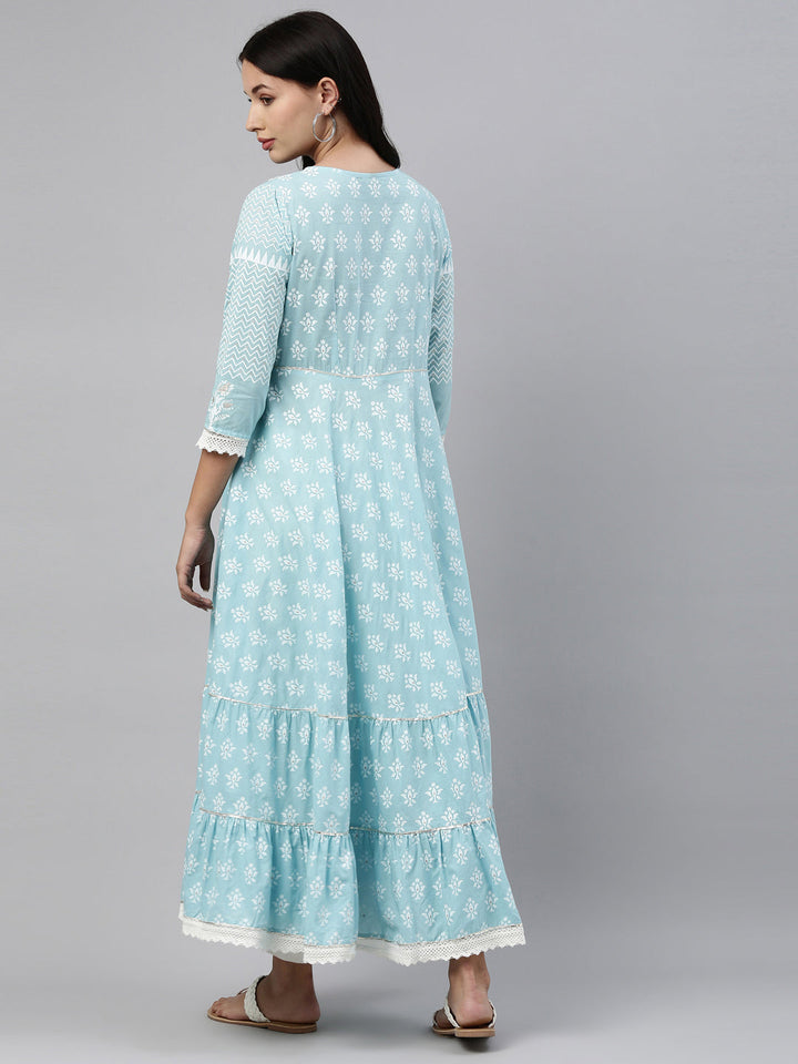 Neerus Blue cotton solid kurti tunic - detail view 2