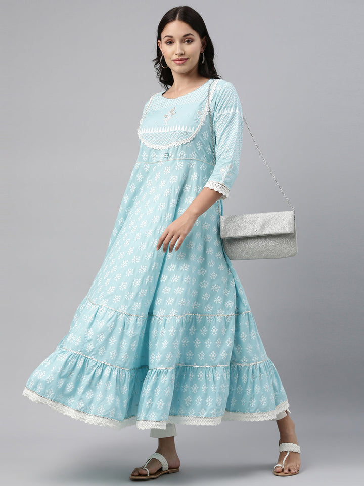 Neerus Blue cotton solid kurti tunic - front view