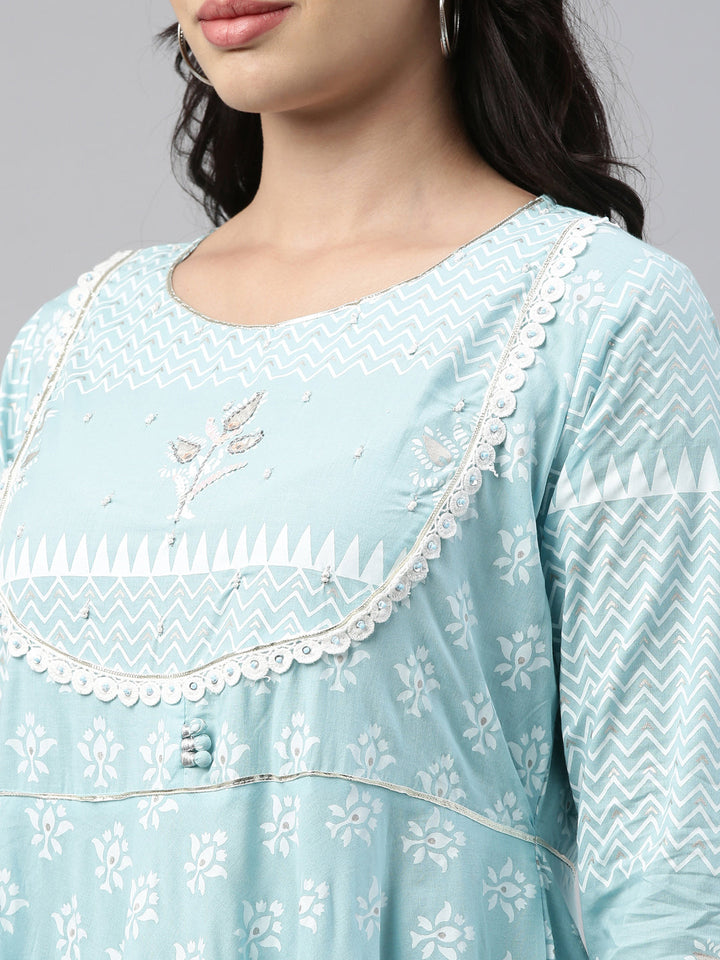 Neerus Blue cotton solid kurti tunic - detail view 3
