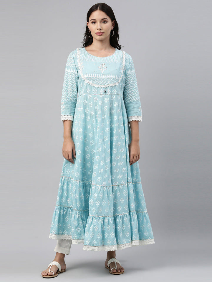 Neerus Blue cotton solid kurti tunic - detail view 4