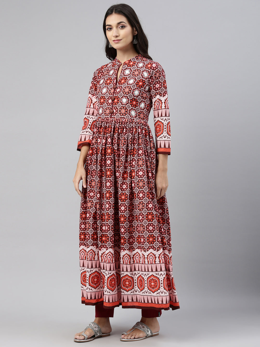 Neerus Maroon cotton solid kurti - detail view 1