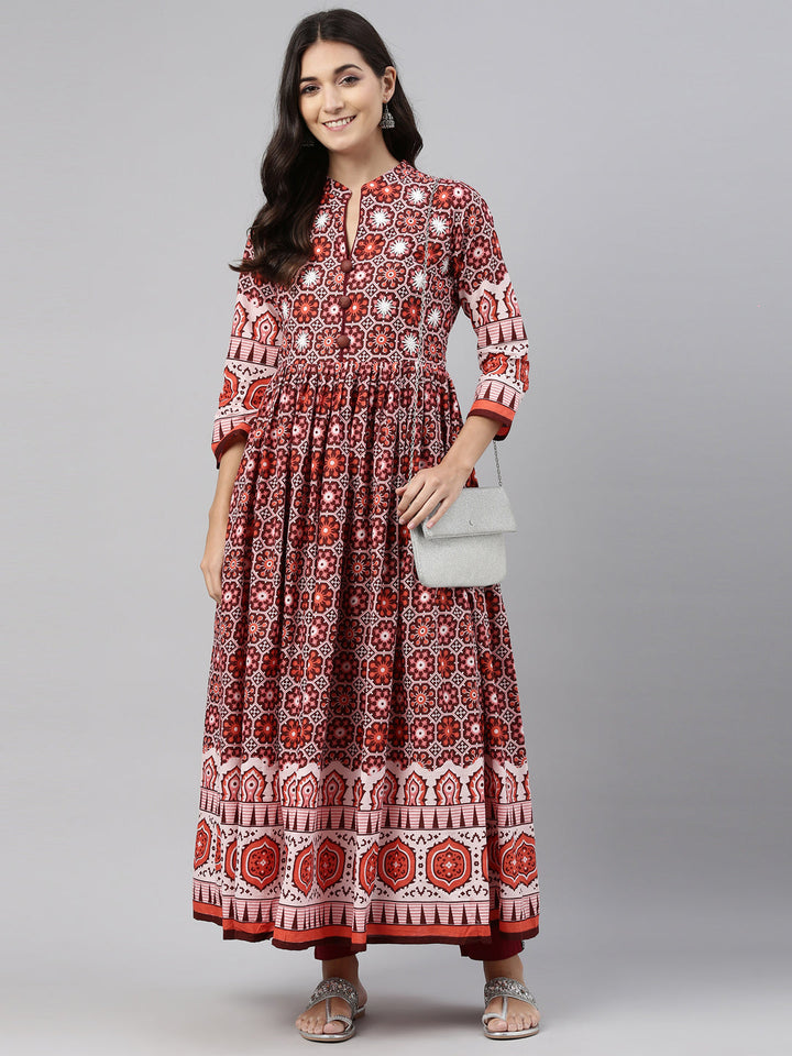 Neerus Maroon cotton solid kurti - front view