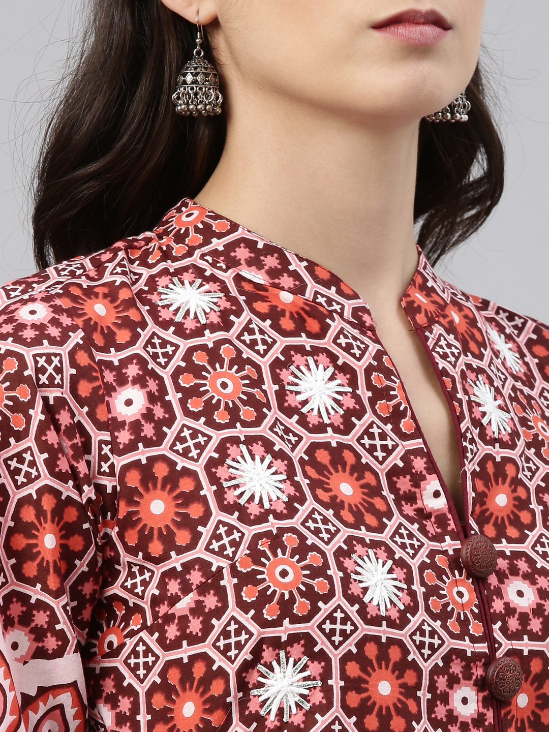 Neerus Maroon cotton solid kurti - detail view 4