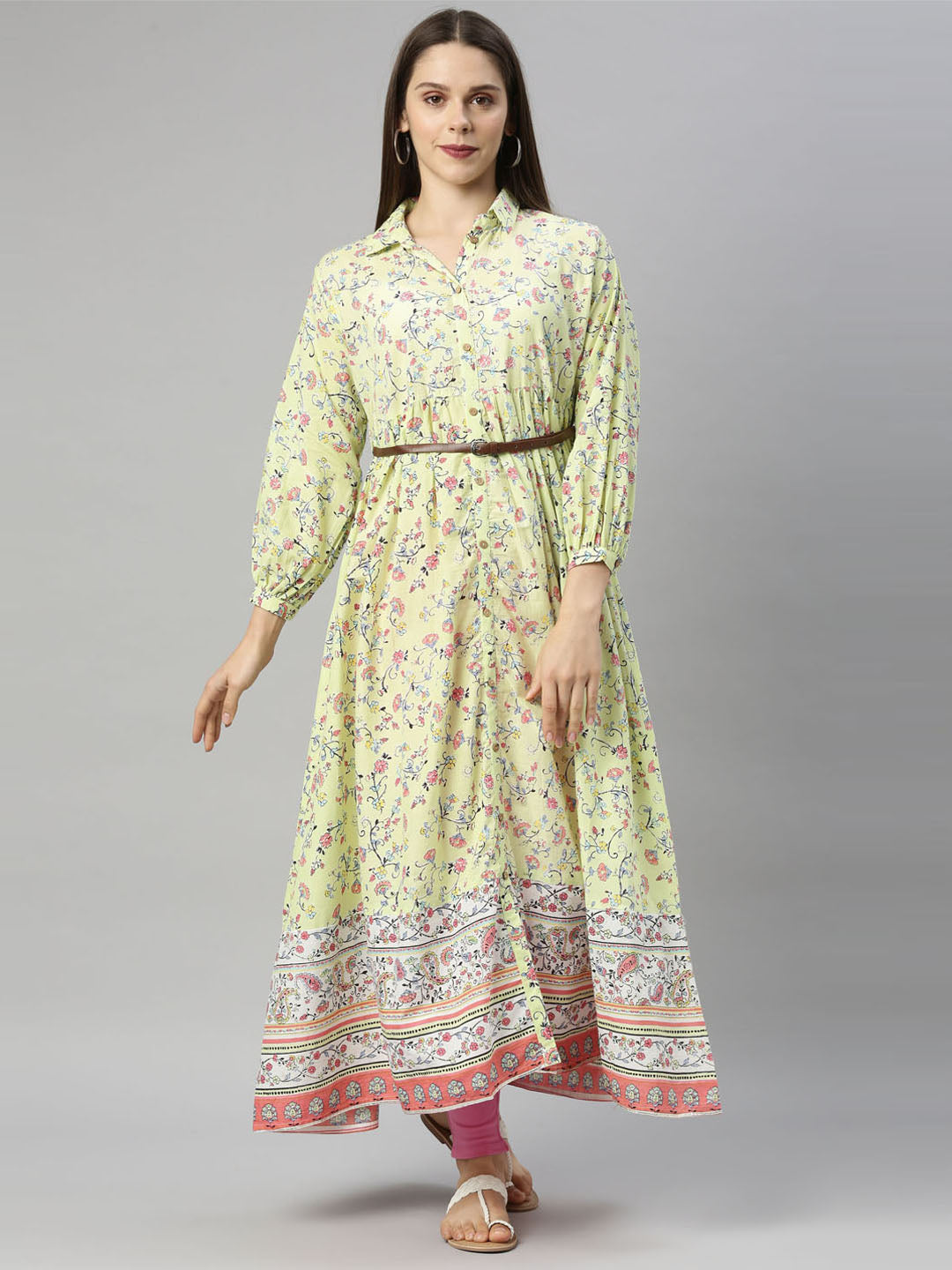 Neerus Yellow cotton printed anarkali kurti - front view