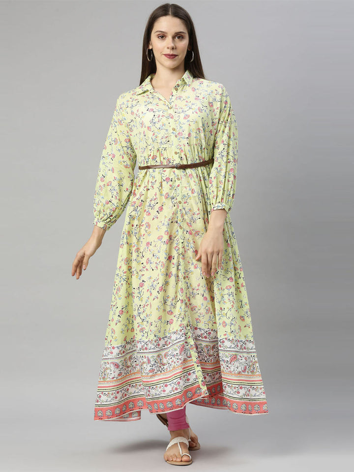 Neerus Yellow cotton printed anarkali kurti - front view