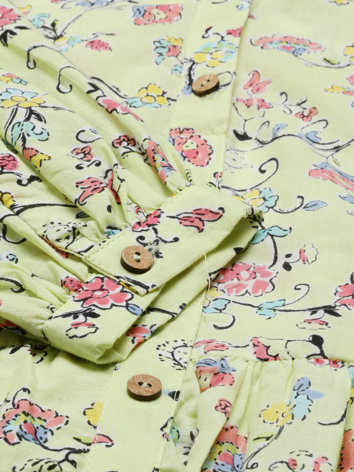Neerus Yellow cotton printed anarkali kurti - side view