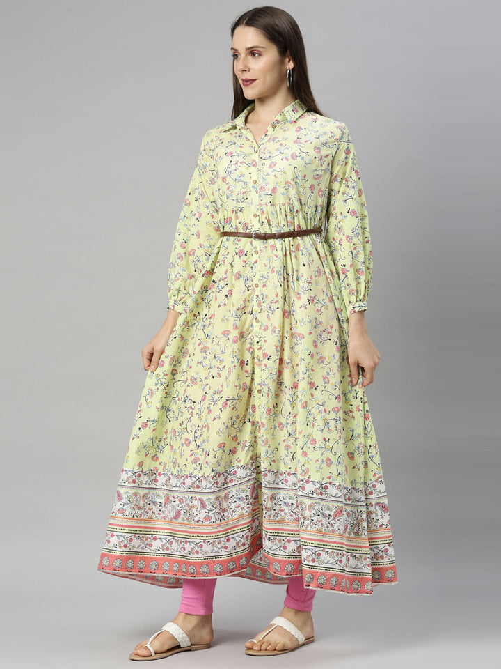 Neerus Yellow cotton printed anarkali kurti - detail view 1
