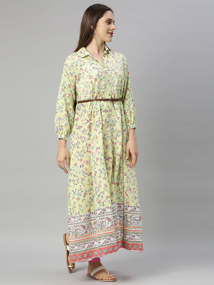 Neerus Yellow cotton printed anarkali kurti - detail view 2