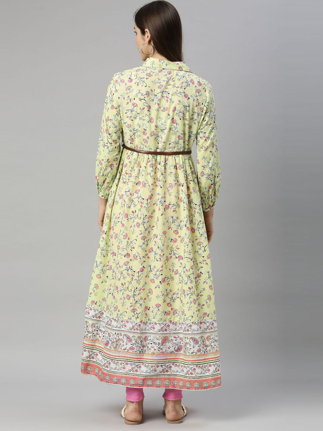 Neerus Yellow cotton printed anarkali kurti - detail view 3