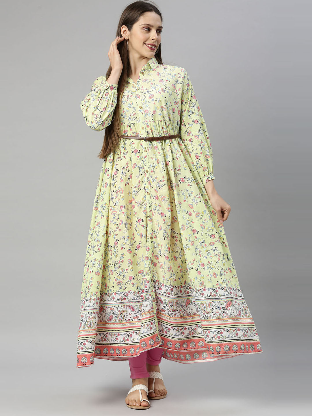 Neerus Yellow cotton printed anarkali kurti - detail view 4