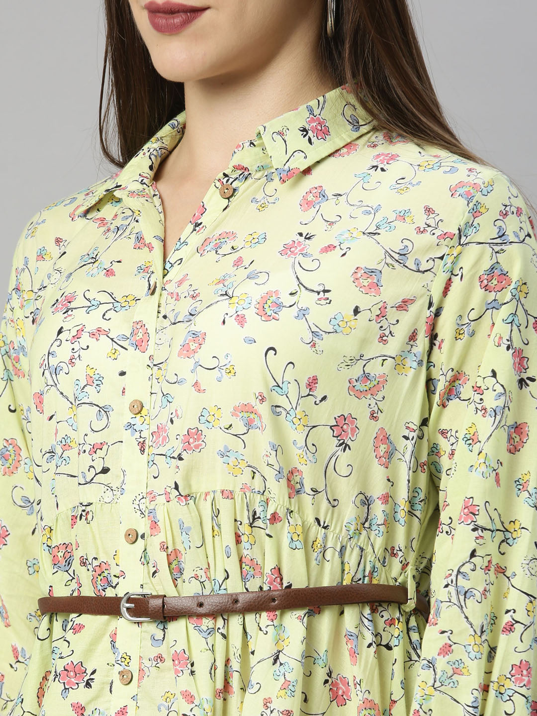 Neerus Yellow cotton printed anarkali kurti - detail view 5
