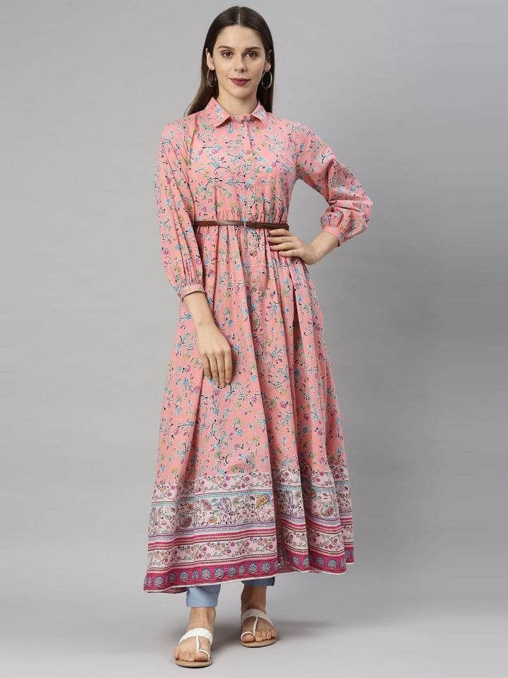 Neerus Pink cotton solid kurti tunic - front view