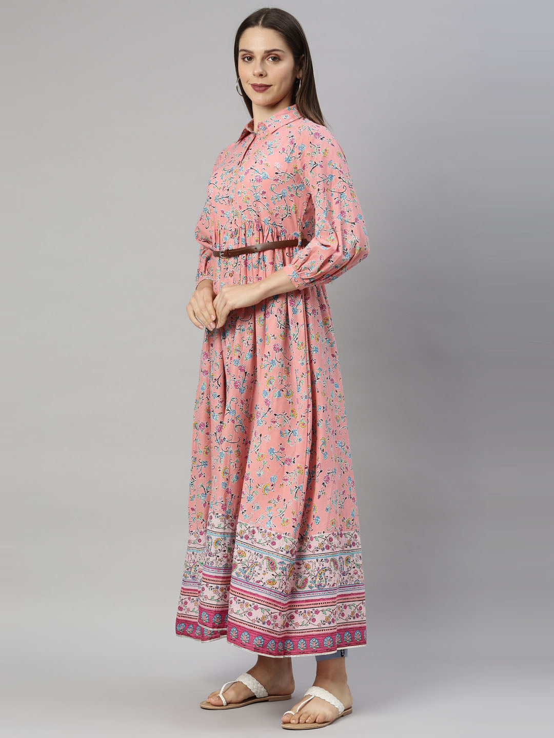 Neerus Pink cotton solid kurti tunic - detail view 1