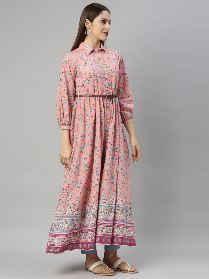 Neerus Pink cotton solid kurti tunic - detail view 2