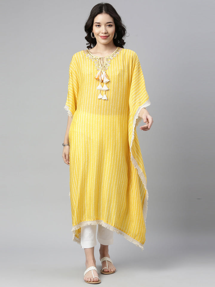 Neerus Yellow muslin mirror work kaftan kurti - detail view 3