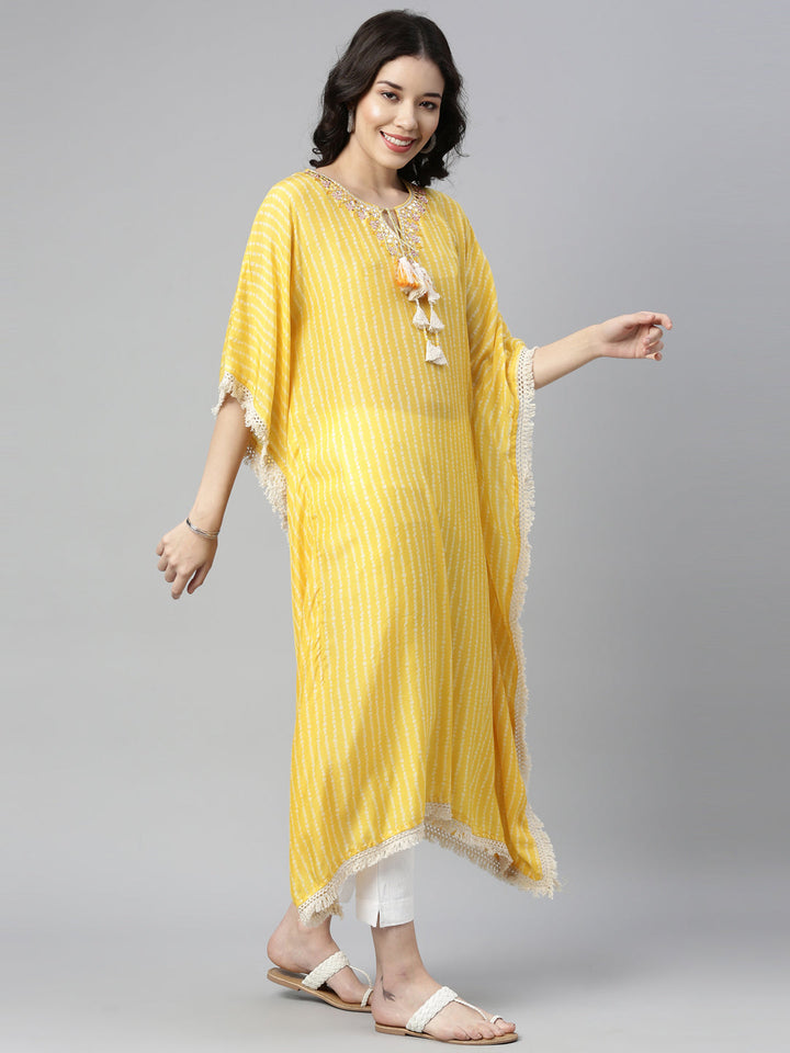 Neerus Yellow muslin mirror work kaftan kurti - front view