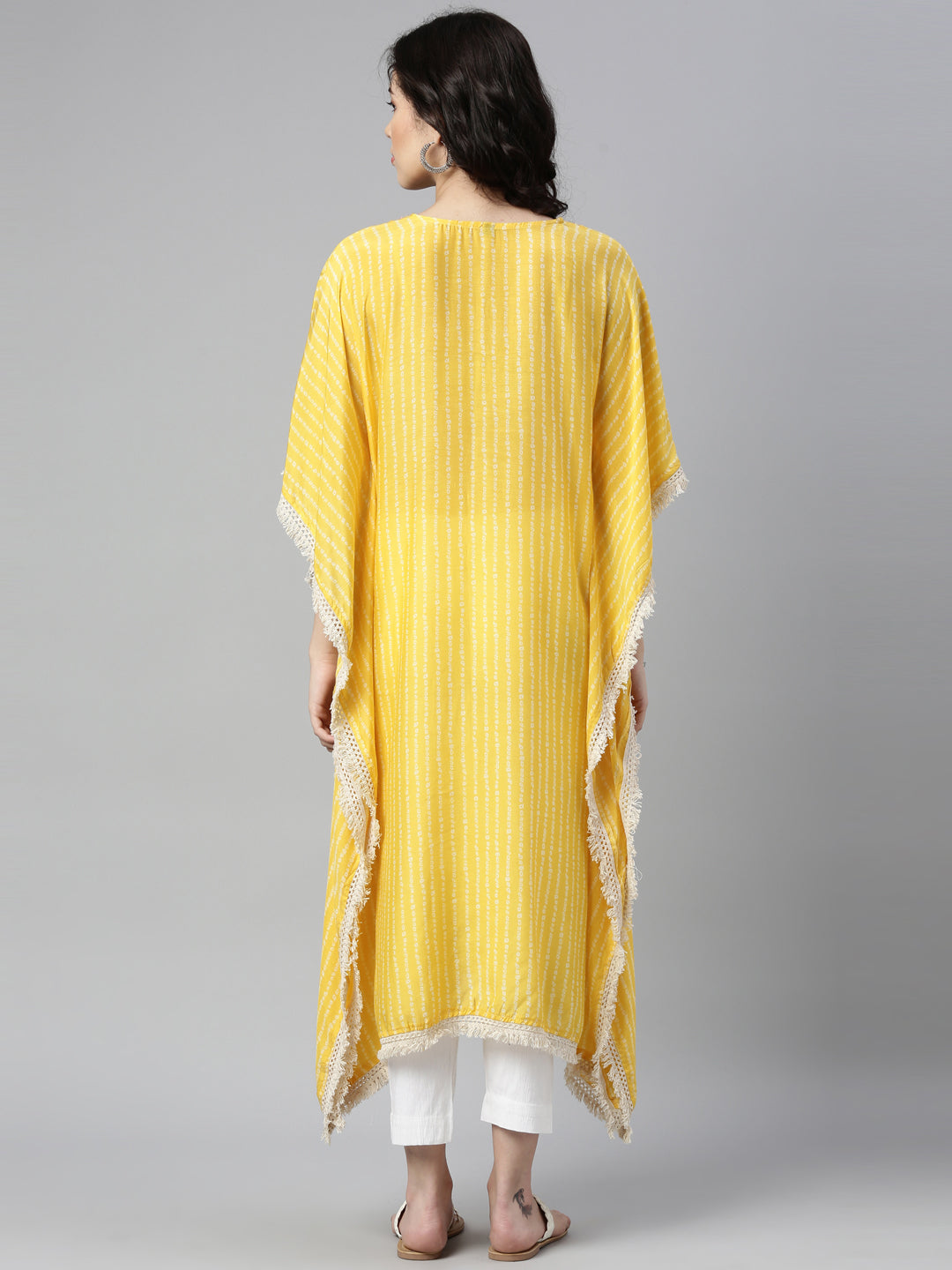 Neerus Yellow muslin mirror work kaftan kurti - back view
