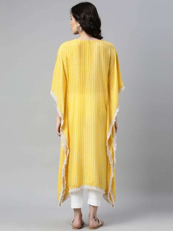 Neerus Yellow muslin mirror work kaftan kurti - back view