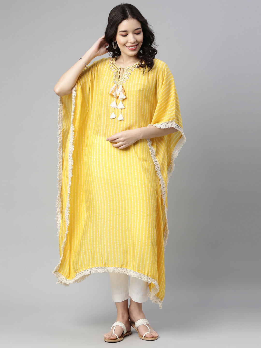 Neerus Yellow muslin mirror work kaftan kurti - detail view 1