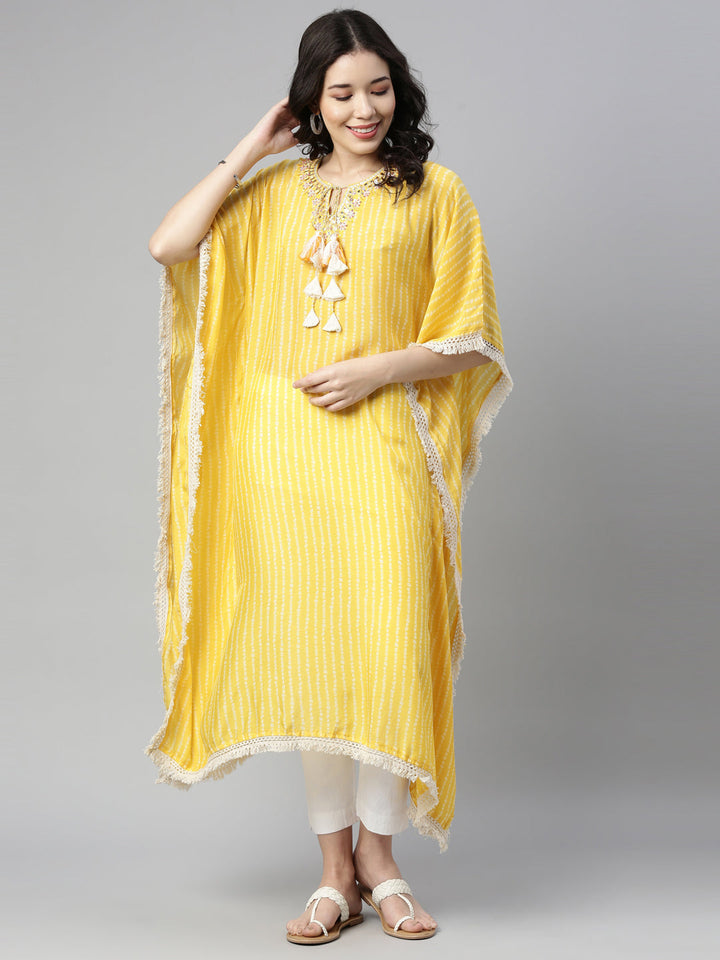 Neerus Yellow muslin mirror work kaftan kurti - detail view 1