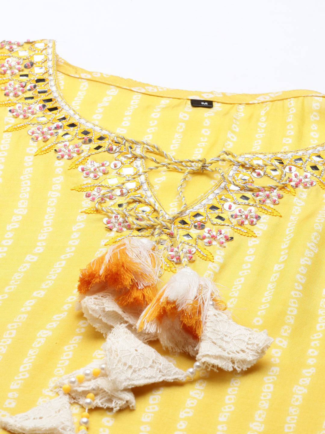 Neerus Yellow muslin mirror work kaftan kurti - detail view 2