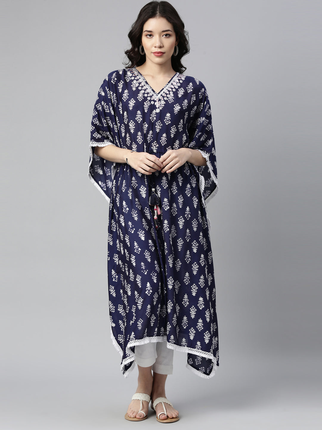 Neerus Blue muslin mirror work kaftan kurti - detail view 3