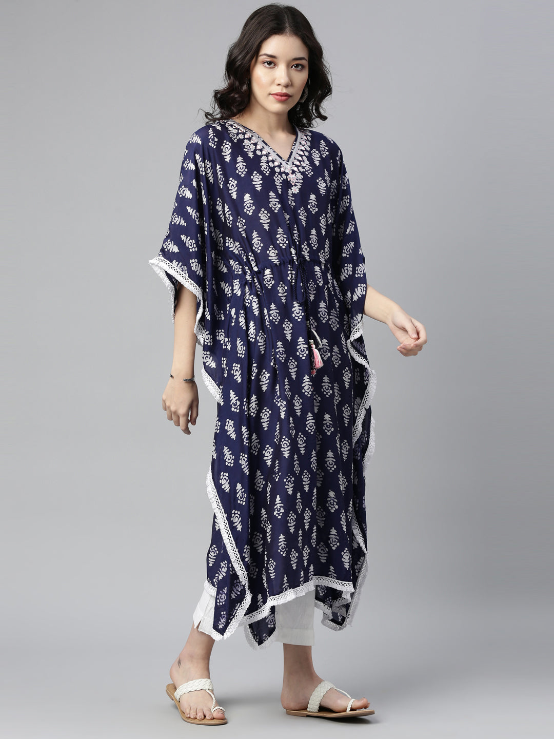 Neerus Blue muslin mirror work kaftan kurti - front view