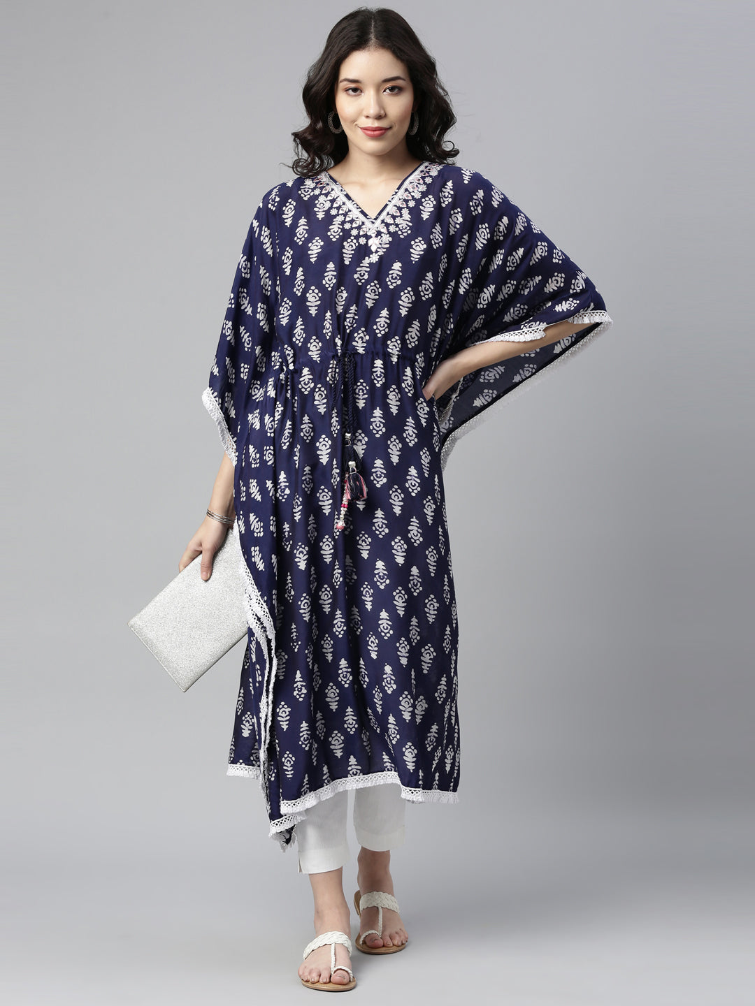 Neerus Blue muslin mirror work kaftan kurti - detail view 1