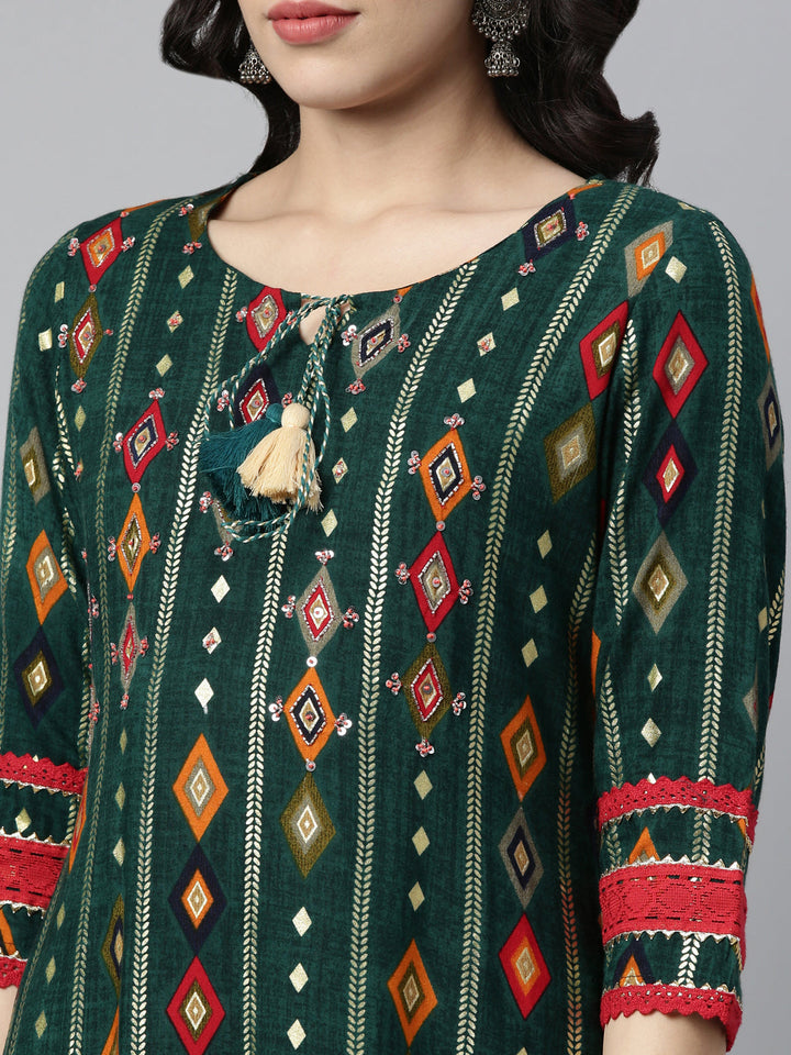 Neerus Green rayon embellished kurta - detail view 1