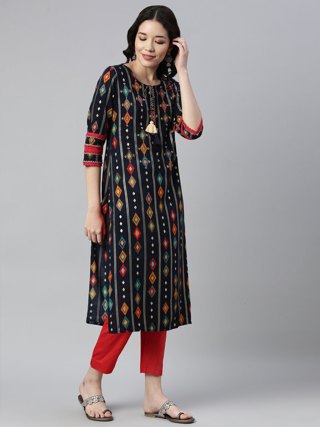 Neerus Blue Rayon Embellished Kurta - front view
