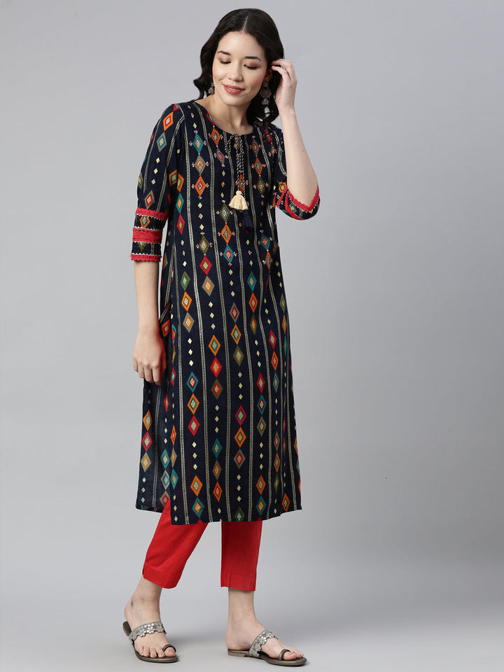 Neerus Blue Rayon Embellished Kurta - front view