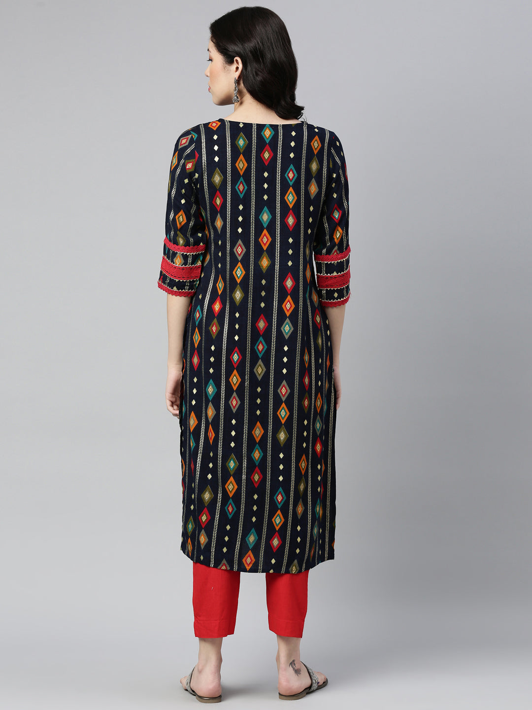 Neerus Blue Rayon Embellished Kurta - back view
