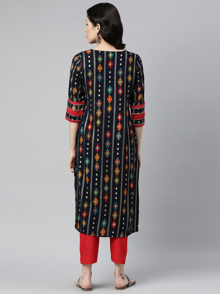 Neerus Blue Rayon Embellished Kurta - back view