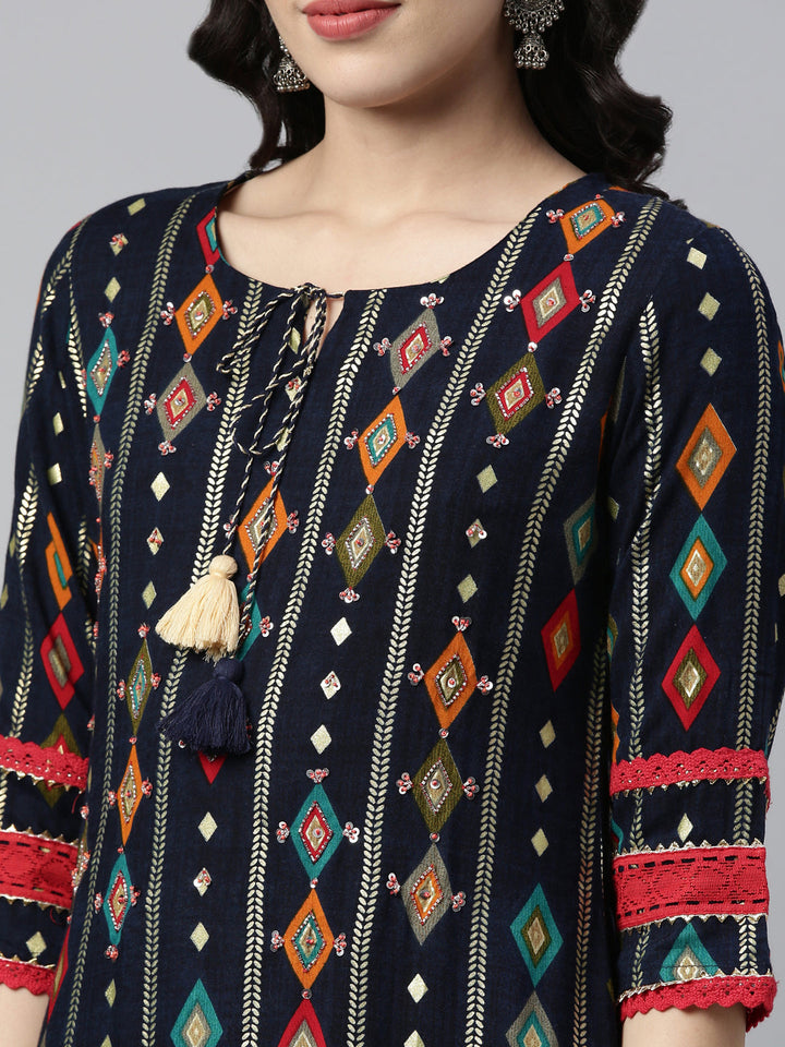 Neerus Blue Rayon Embellished Kurta - side view