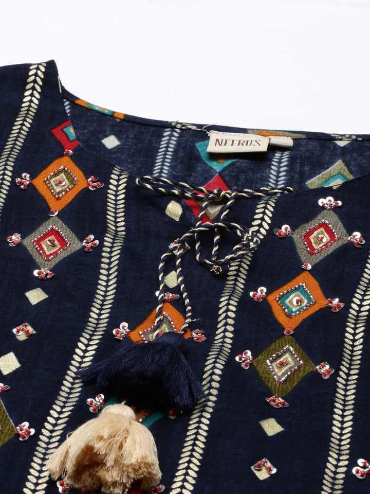 Neerus Blue Rayon Embellished Kurta - detail view 3