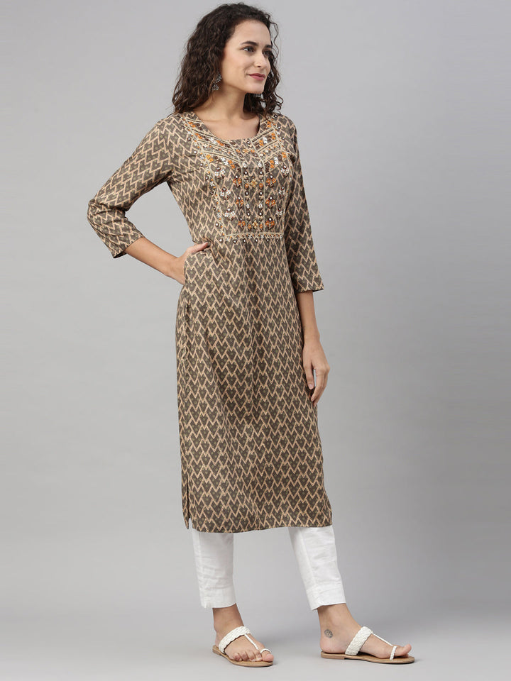 Neerus Green rayon hand embroidered kurta - front view