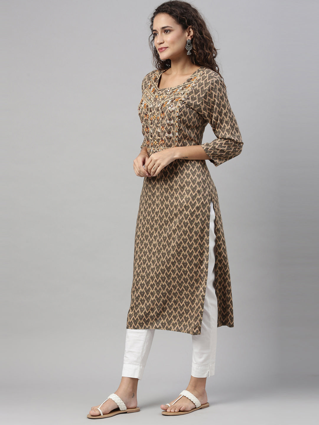 Neerus Green rayon hand embroidered kurta - back view