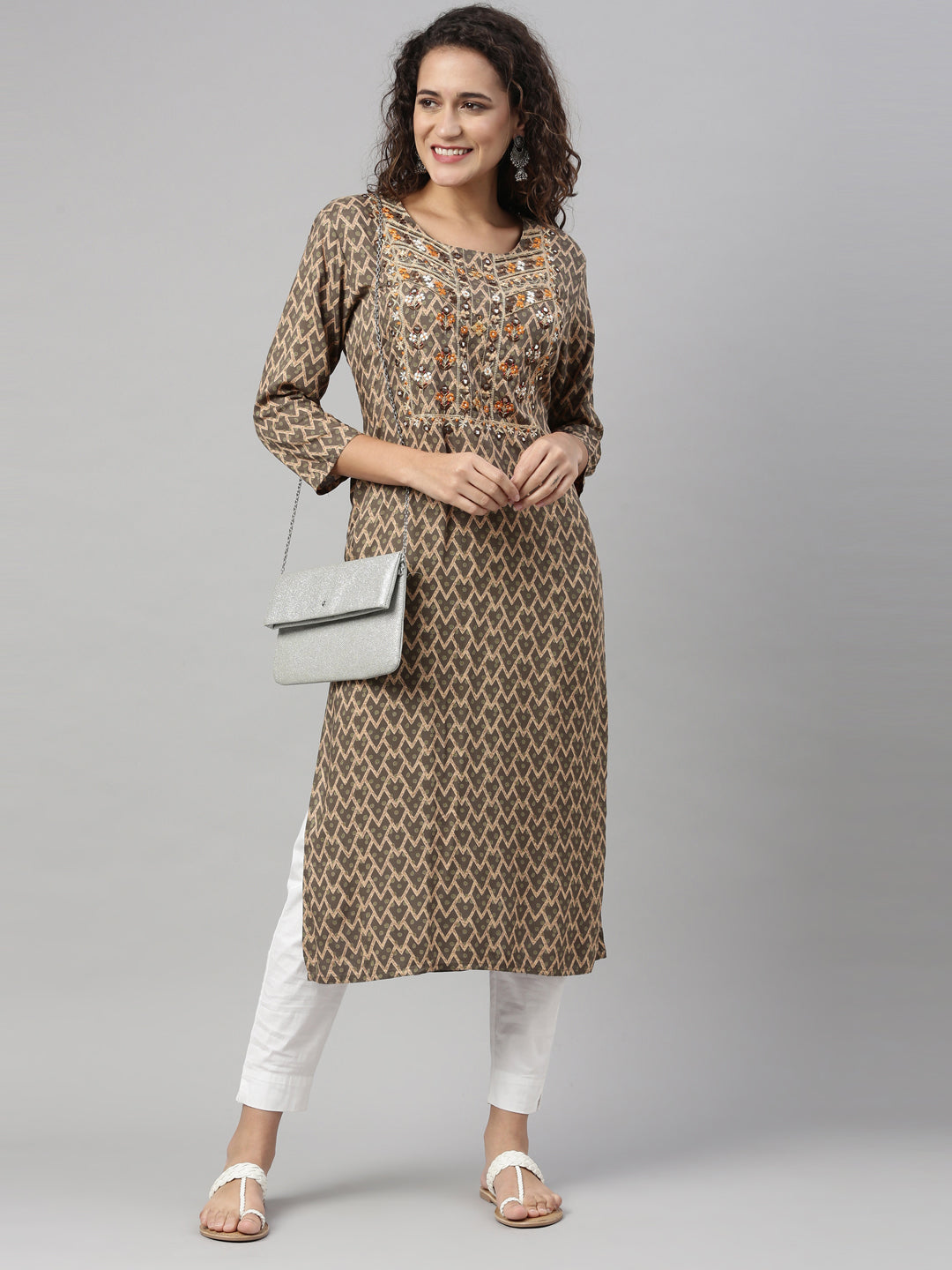 Neerus Green rayon hand embroidered kurta - detail view 1