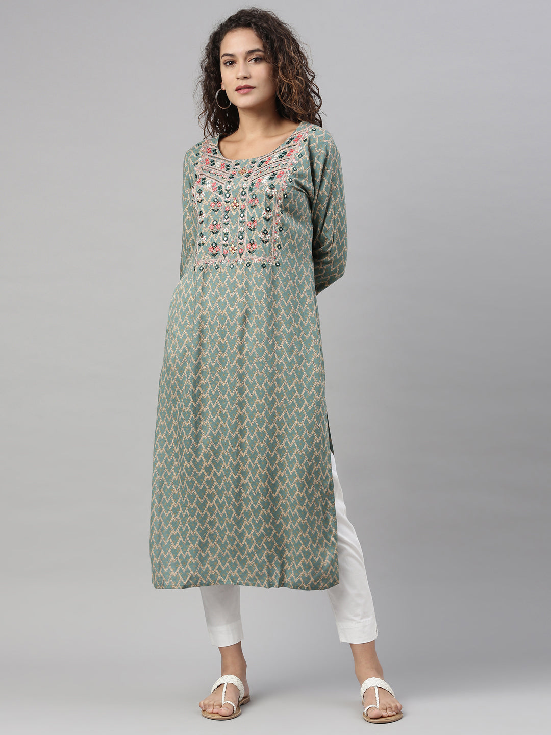 Neerus Green rayon embroidered kurti geometric print - detail view 3