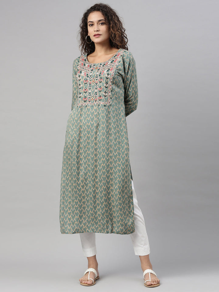 Neerus Green rayon embroidered kurti geometric print - detail view 3