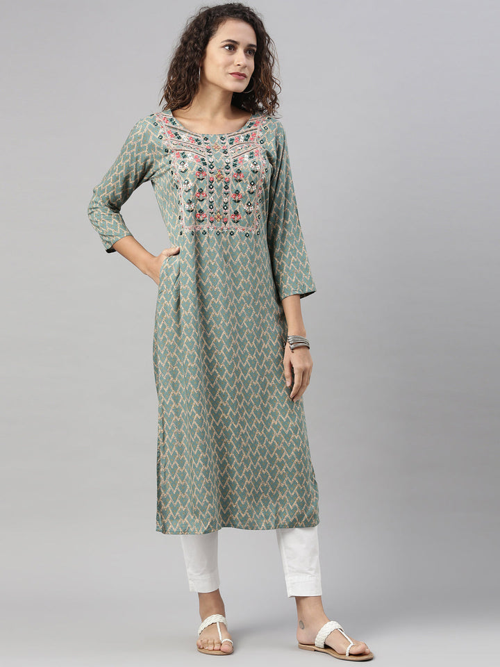 Neerus Green rayon embroidered kurti geometric print - front view