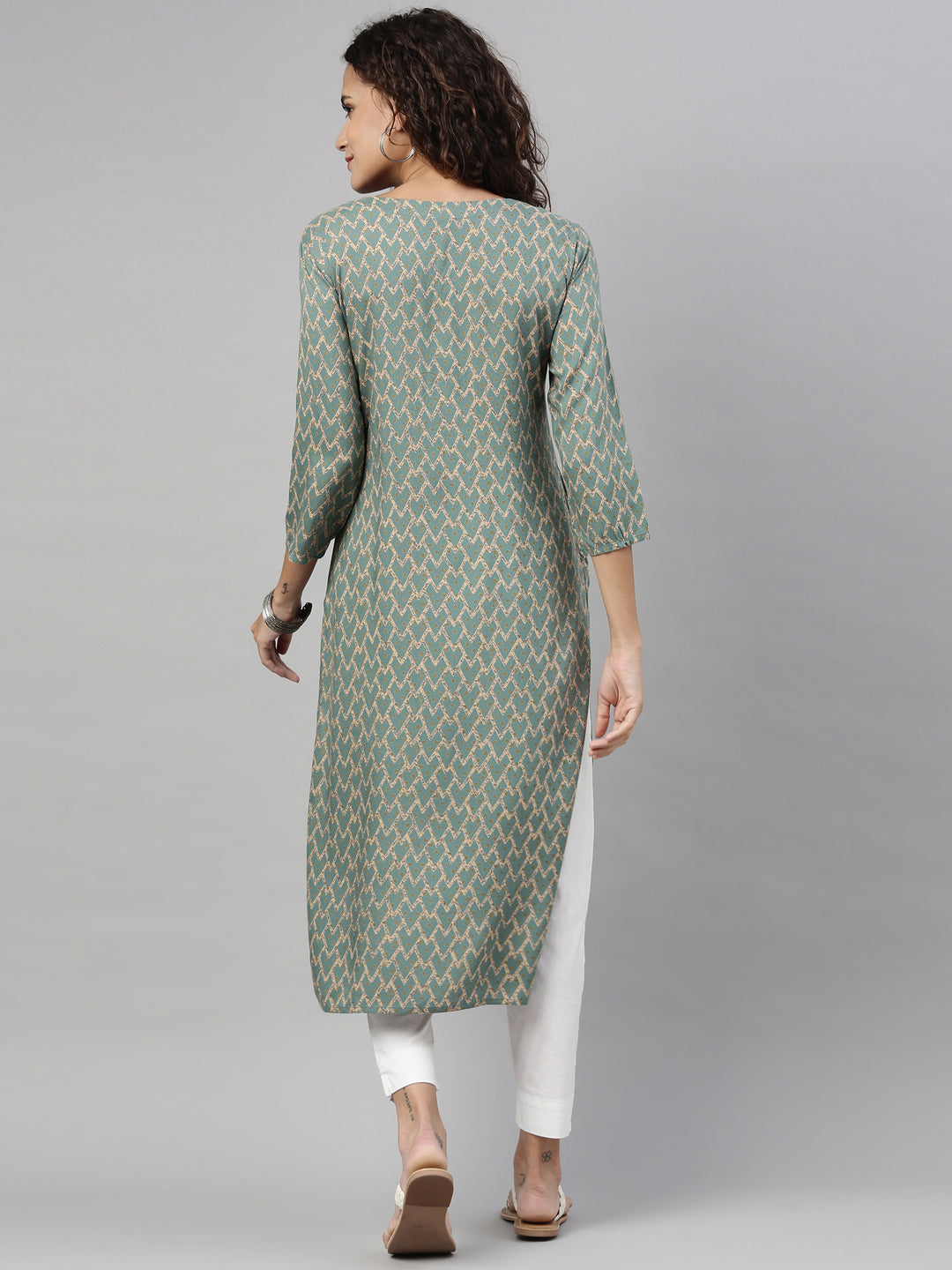 Neerus Green rayon embroidered kurti geometric print - back view