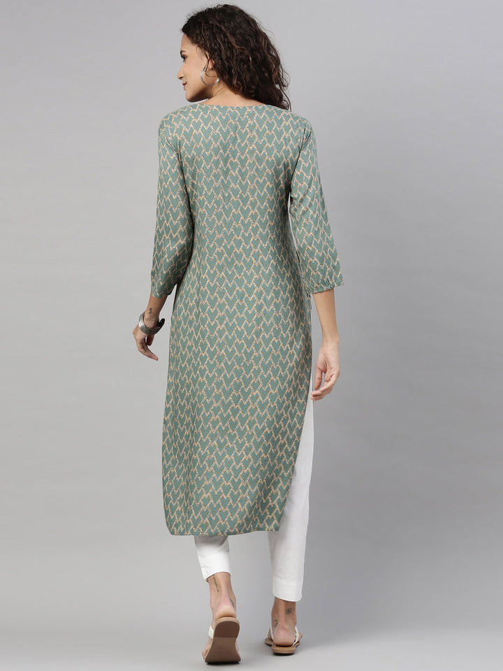 Neerus Green rayon embroidered kurti geometric print - back view