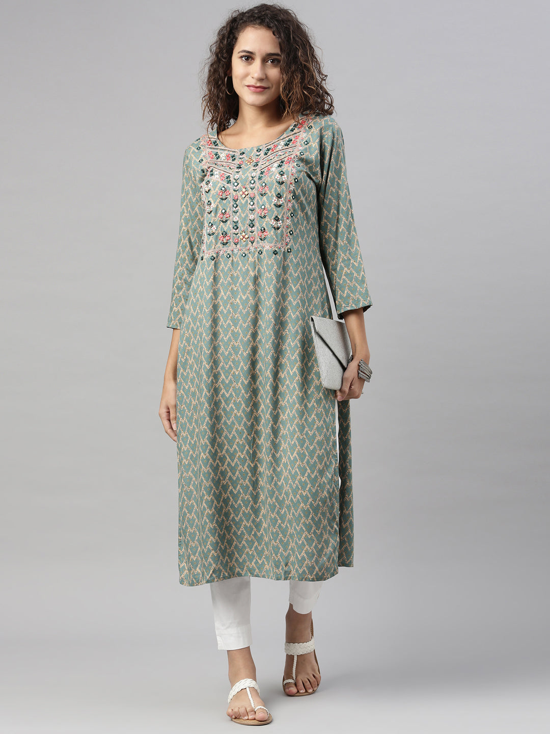 Neerus Green rayon embroidered kurti geometric print - detail view 1