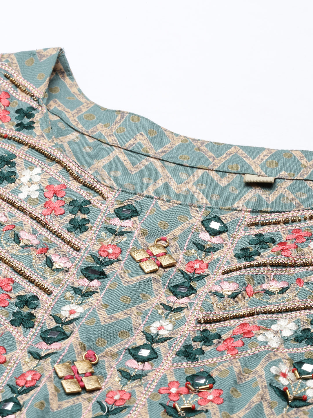 Neerus Green rayon embroidered kurti geometric print - detail view 2